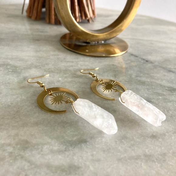 Quartz Stone Crescent Moon and Sun Drop Gold Earrings - Picture 5 of 5